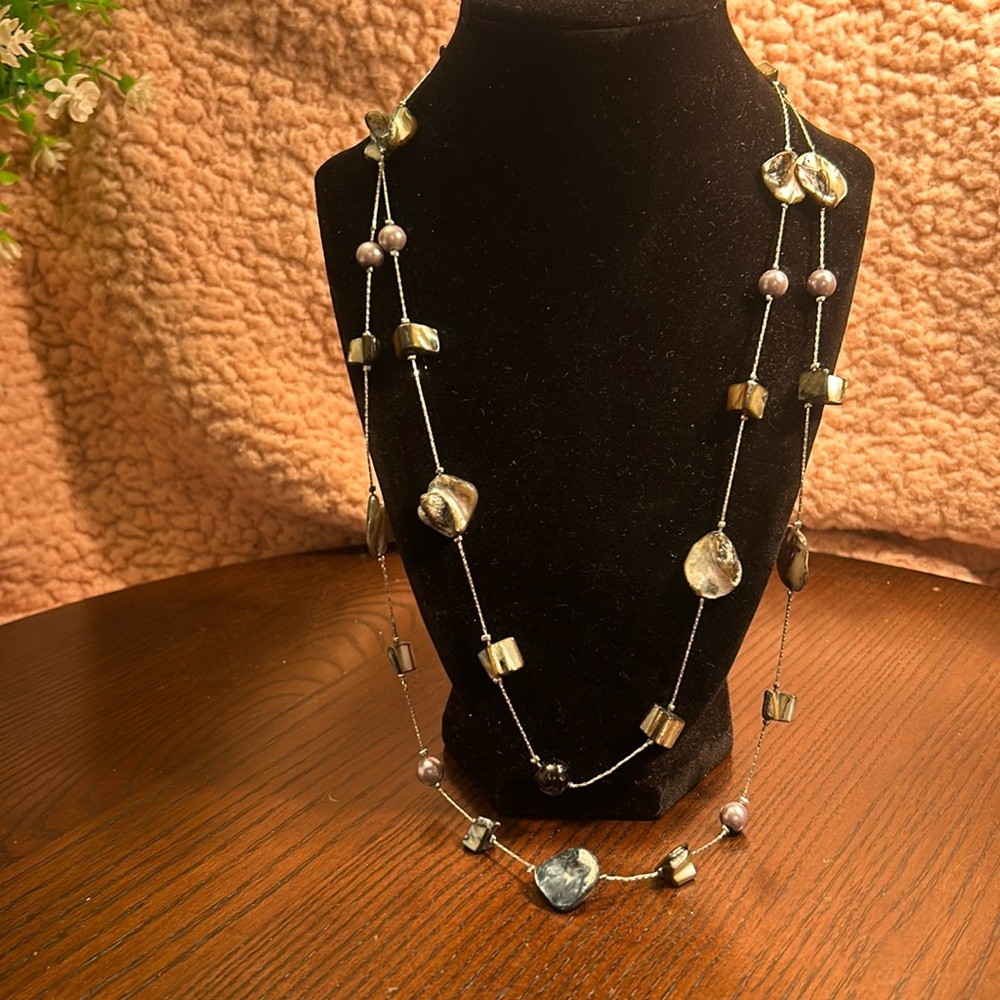 Pretty silver tone double strand necklace with beads: lobster closure w/ ext
